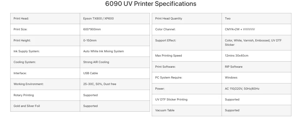 6090 UV Printer Specifications
